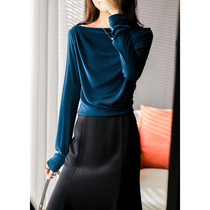 のXYB380291AG] Light and mature temperament one-word collar pleats amazing ~ acetate knitted top