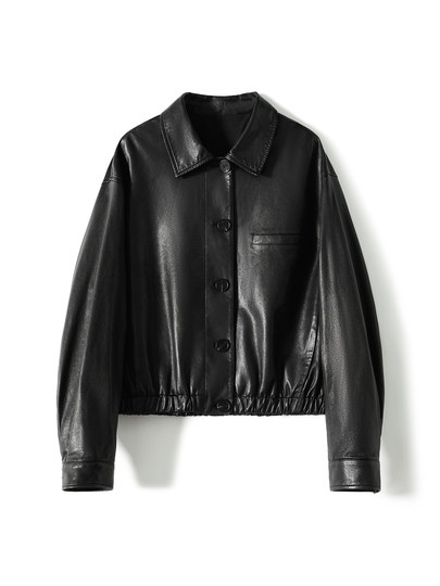 Celebrity style retro Hong Kong style casual elastic short leather jacket for women in autumn new style