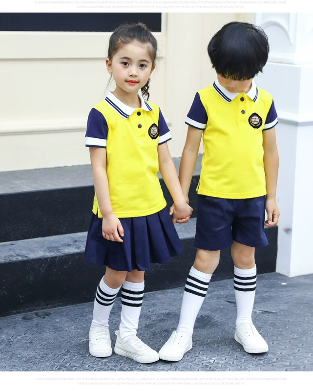 Mẫu giáo tốt nghiệp vườn phù hợp với hợp xướng ngắn tay phù hợp với nước Anh màu vàng trường tiểu học đồng phục phù hợp với trang phục thể thao - Đồng phục trường học / tùy chỉnh thực hiện váy trẻ em đẹp