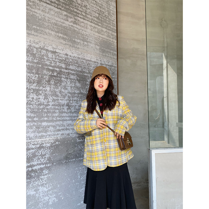 Jumi slightly fat mm winter size wool yellow plaid Yayfeng fat sister slim fat man suit female