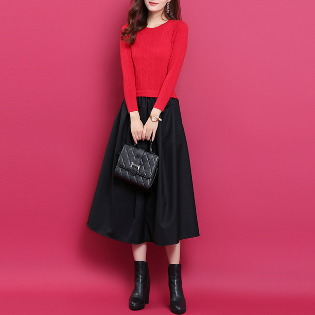 Korean style splicing fake two-piece mid-length dress fashionable autumn and winter solid color slimming bottoming skirt wool knitted skirt for women