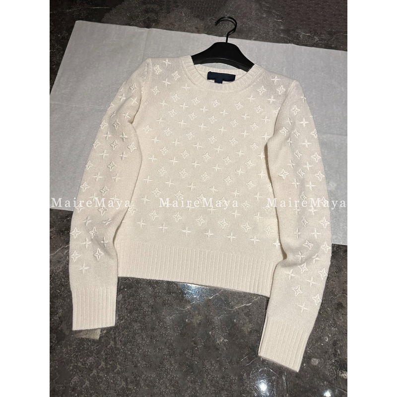 Mairemaya Stereo Embroidered Jacquard White Long-Sleeved Cashmere Sweater for Women, High-End and Elegant Pullover Knitted Top