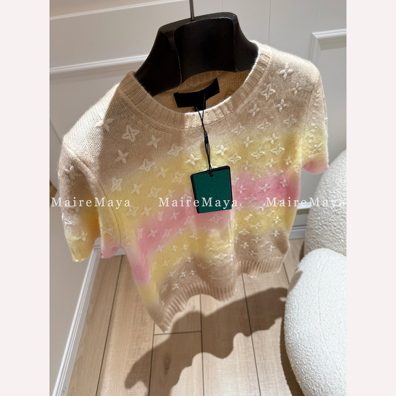 Mairemaya26Ss Rainbow Gradient Cashmere Short-Sleeved Knitwear Women's High-End Stereo Jacquard Embroidered Top