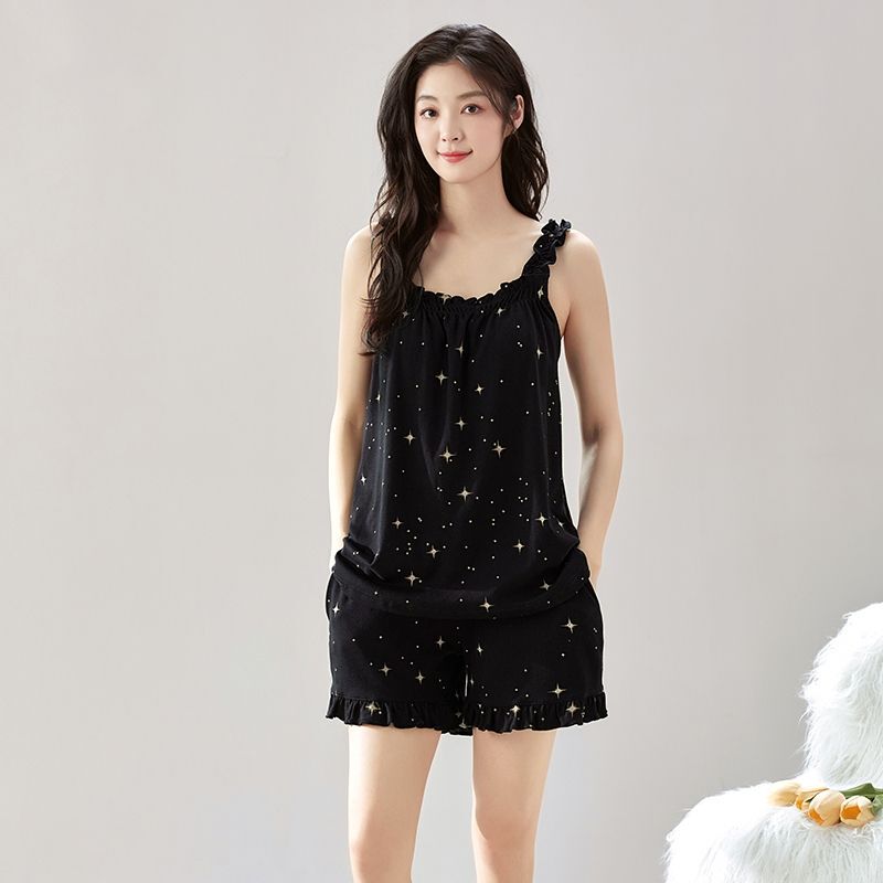 Summer New Thin Comfortable Camisole Pajamas, Sexy Shorts, Casual Wear, Pullover with Chest Pads, Sleepwear, Loungewear