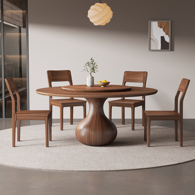 Black Walnut Solid Wood Dining Table and Chair Set, Song-Style Aesthetic, High-End Round Table with Turntable, Large Round Dining Table Black Walnut Solid Wood Dining Table and Chair Set, Song-Style Aesthetic, High-End Round Table with Turntable, Large Round Dining Table