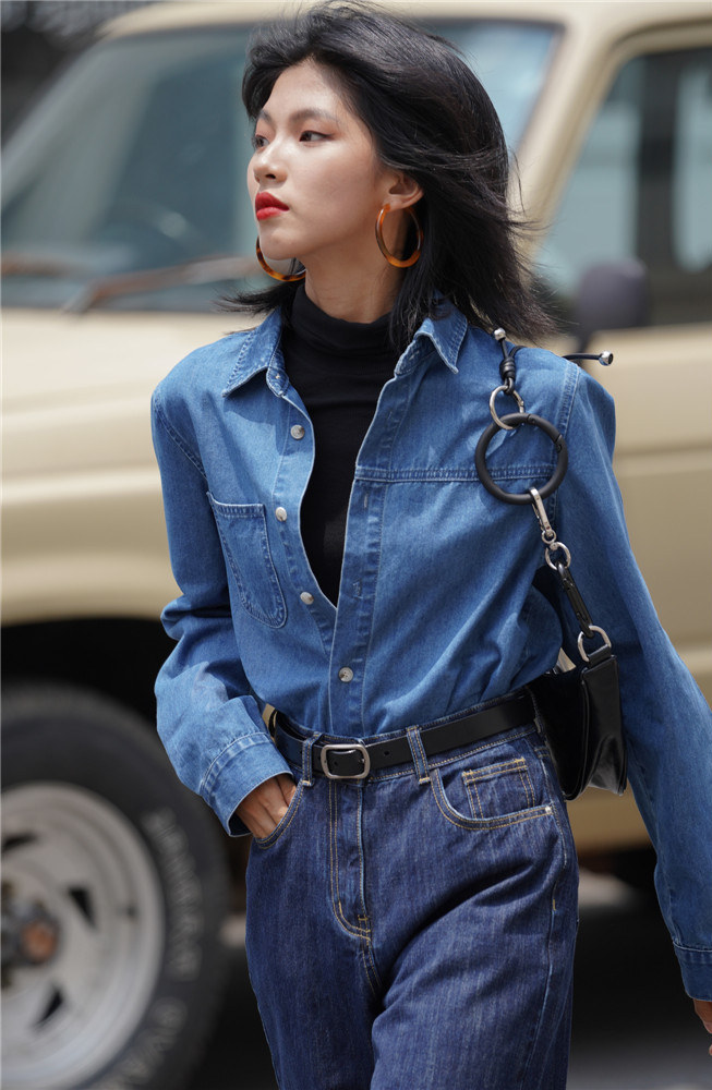 MAJE DVAWN Retro Blue Cowboy Shirt Woman 2022 Fall Design Sense Skitty Shirt Cover