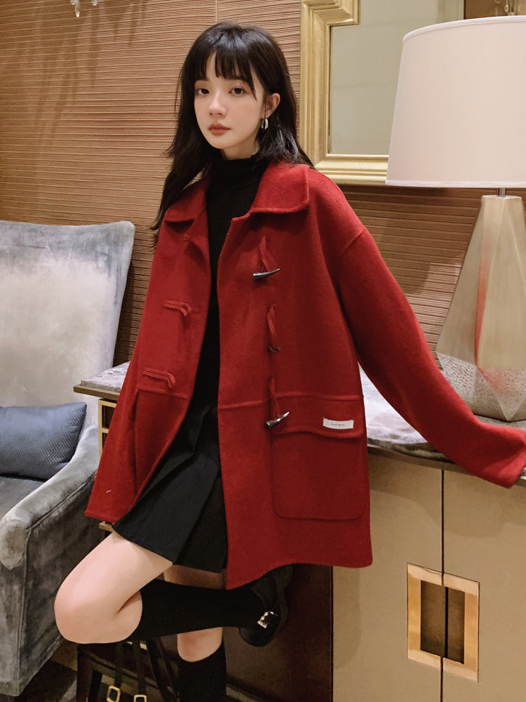 MAJE DVAWN red double-sided cashmere coat women's 2021 new loose horn buckle wool woolen coat