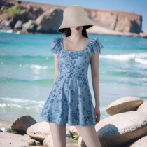 lulu cozy shows off youth and beauty: denim blue swimsuit with fairy-like design that covers belly and makes women look slimmer
