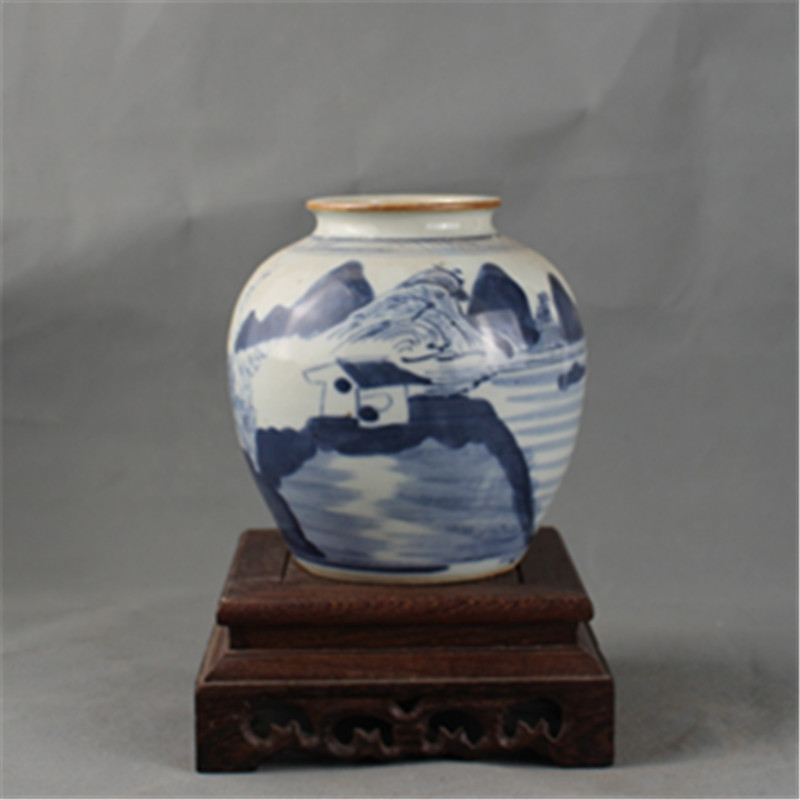 Jingdezhen antique porcelain Ming Quan hand-pulled billet landscape pattern Xiaoming jar Antique antique collection blue and white jar