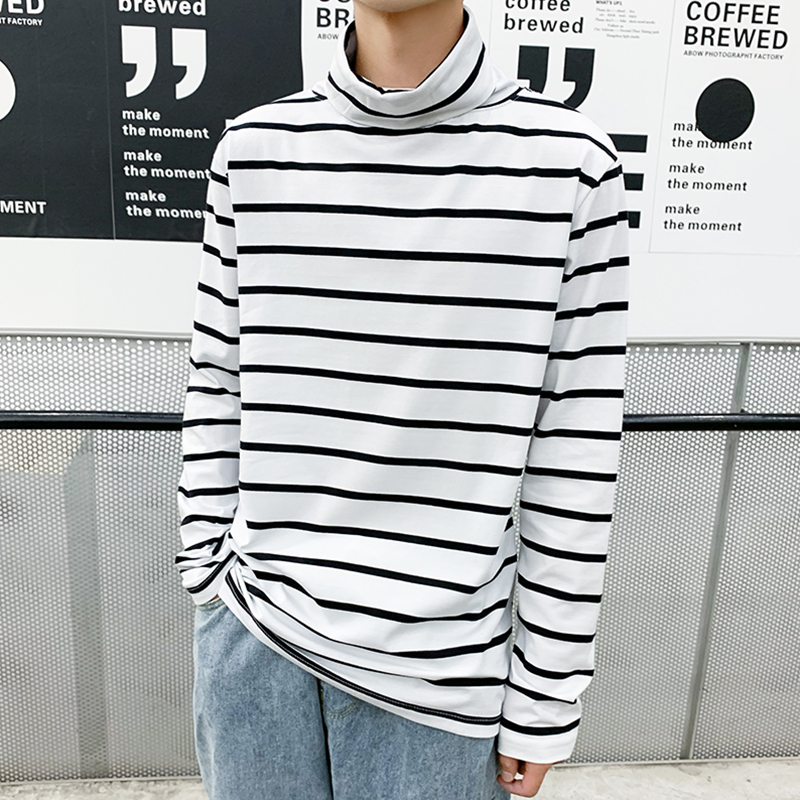 Pure Cotton Turtleneck Long-Sleeved T-Shirt Men's Autumn Clothing Trbottomyy Black and White Stripesd T-Shirt Spring, Autumn and Winter Bottoming Shirt