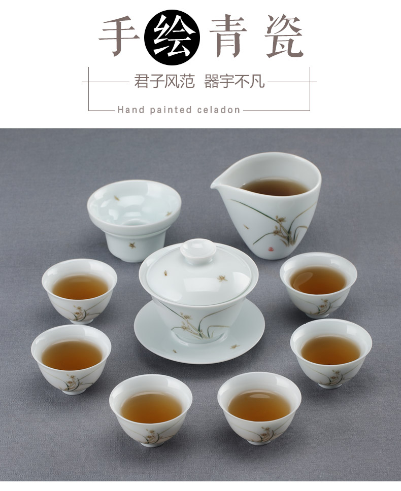 Hand made blue white porcelain tea set a complete set of Chinese kungfu tea home modern ceramic tureen cup 6 gift boxes