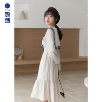 Navy wind shawl dress burst small long-sleeved 2021 early autumn Mid-length waist skirt female