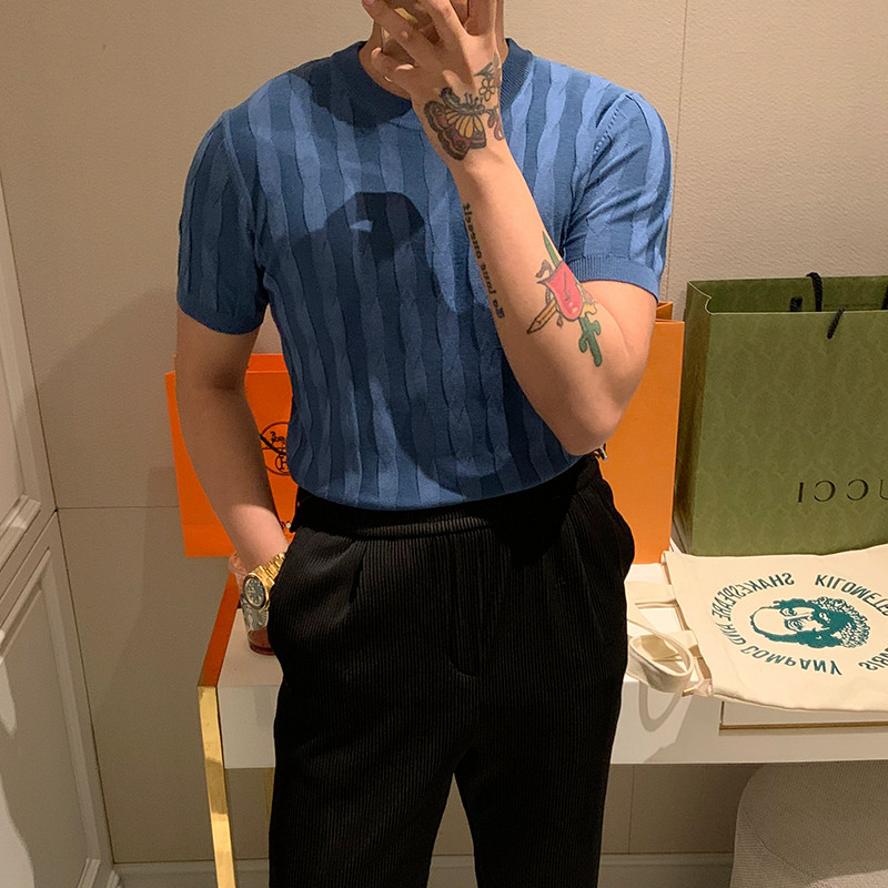 BROTHER new popular twist knit short sleeves summer men slim slim cotton thread ice silk solid color T-shirt tide