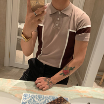 BROTHER Summer Mens Geometric Splice Coat Paul shirt French Retro Lapel POLOT Shirt Short Sleeve