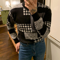 BROTHER autumn and winter mens plaid stitching color sweater vintage fashion 2021 new round neck sweater
