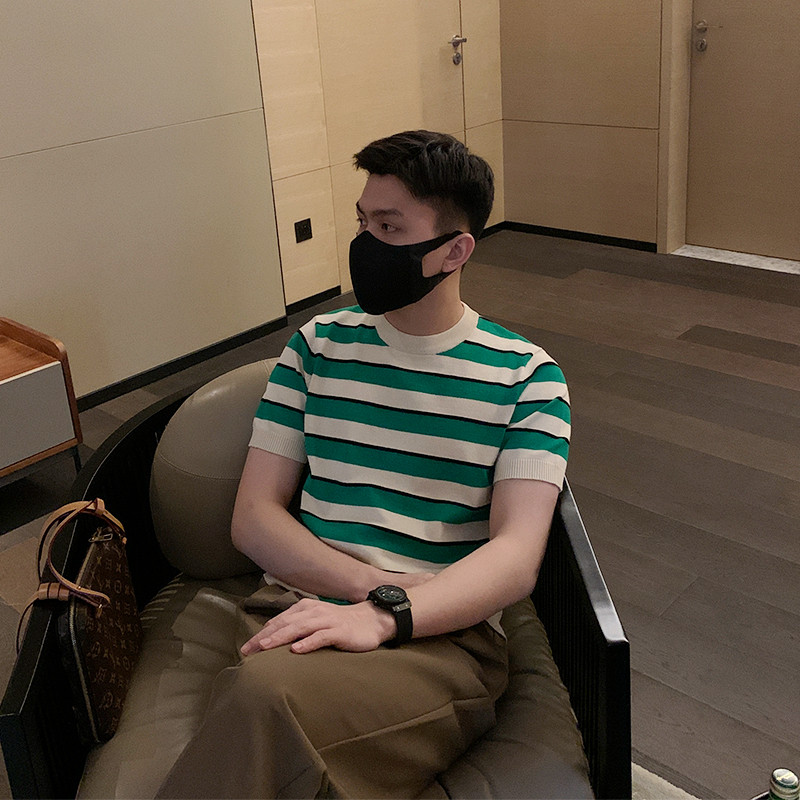 Thin strip striped collared T-shirt male half sleeve blouse new product 2022 Summer round collar pop knit short sleeve male tide