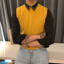 BROTHER homemade mens knitted fashion vest T-shirt Korean trend solid color wild casual dress short sleeve