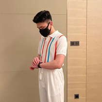 Small knitting knitting roller-collar short-sleeved men new vertical stripes summer refreshing comfort white T-shirt men