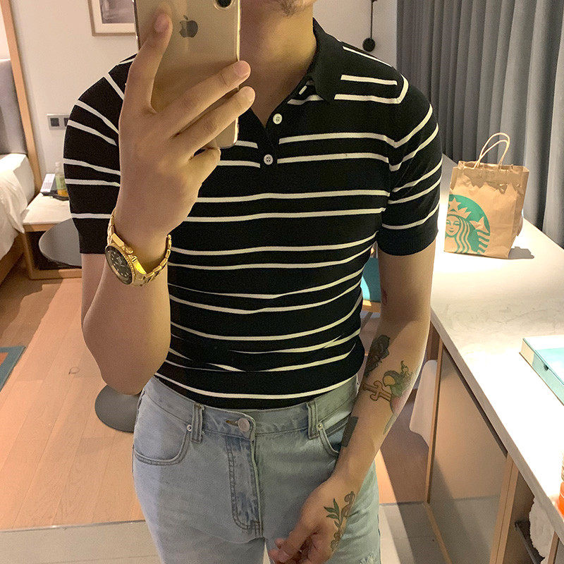 BROTHER Summer Men's Black and White Striped Polo Short Sleeves Korean Fashion Basic Versatile Lapel T-Shirt Half Sleeves