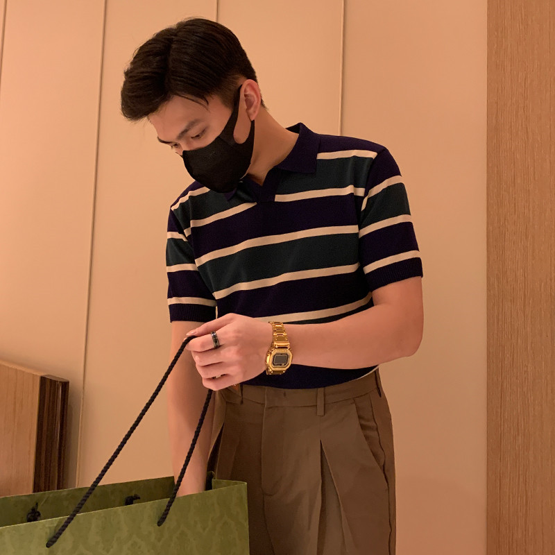 Summer men polo shirt half sleeve light sense of thin knit shirt Korean popular breathable cotton line pattern lapels short sleeves men