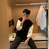 BROTHER Korean fashion side open fork button fake two pieces sweater American trend personality casual sweater men