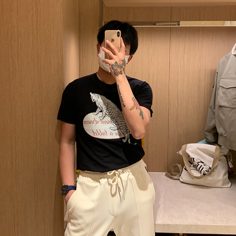 BROTHER Summer Men's Fashion Fancy Leopard Animal Printed Short Sleeve Youth Pop Round Collar Pure Cotton Half Sleeve T-Shirt Tide