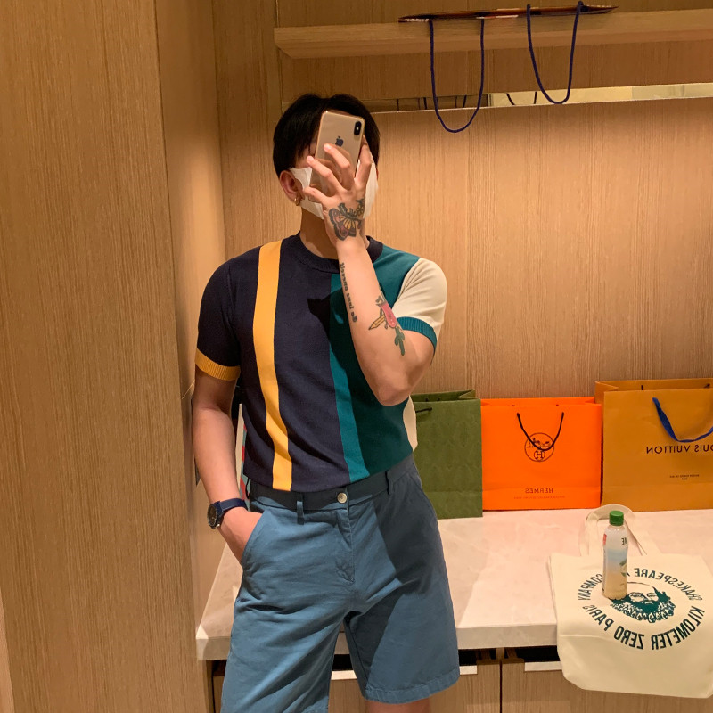 BROTHER irregular color-block ice silk short sleeves men summer Korean fashion crew neck thin knit shirt T-shirt half sleeves