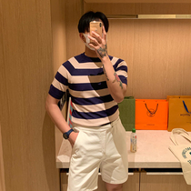 BROTHER Mens Ice Silk fine wool short sleeve summer pop stripe color color round neck knitted thin fashion T-shirt