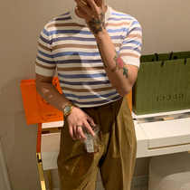 BROTHER stripe color pattern short sleeve men Korea summer popular Ice Silk cool feeling thin knitted T-shirt half sleeve