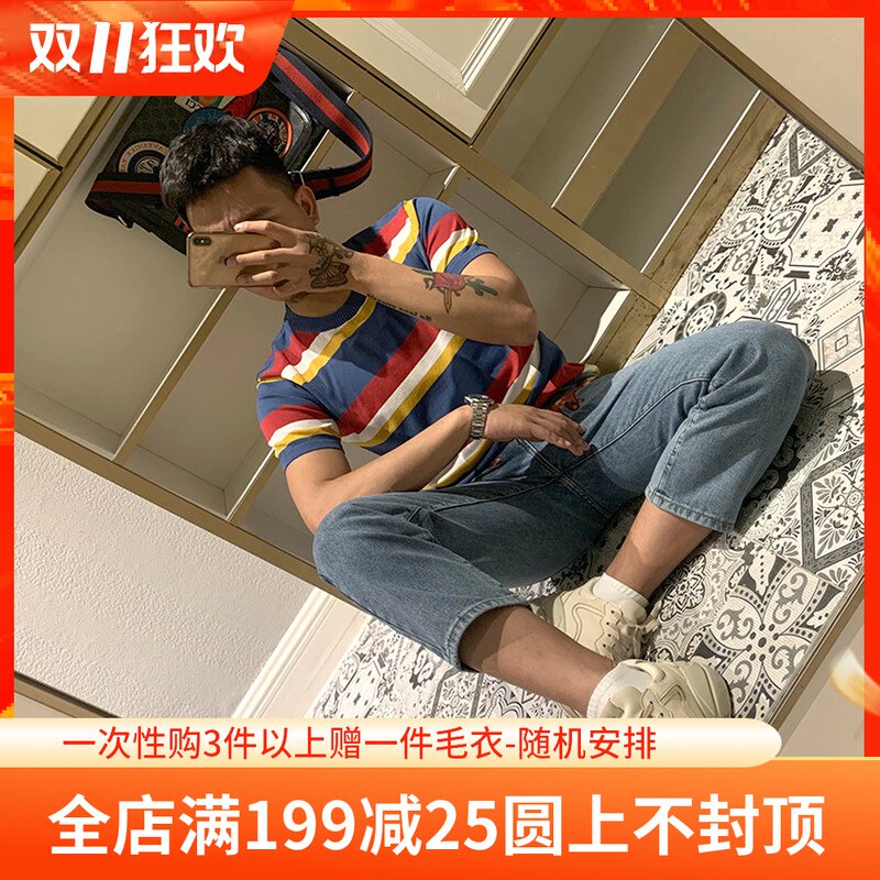BROTHER summer homemade men's candy line striped ice silk short sleeve Korean sunshine boys knitted shirt tide