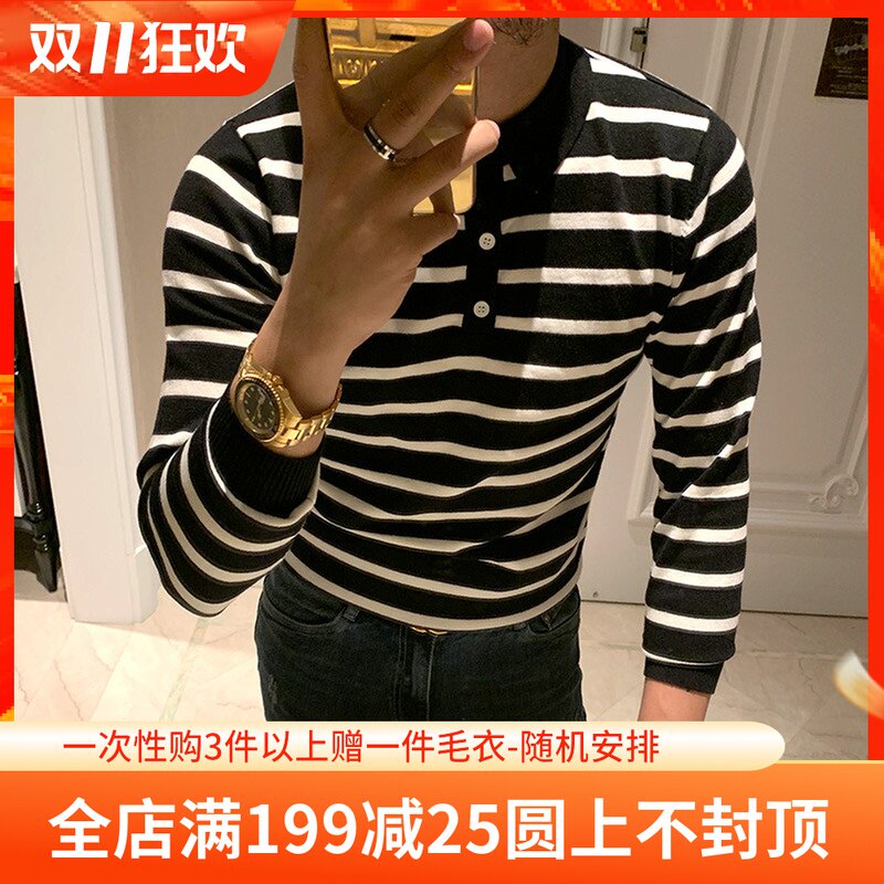 BROTHER autumn men's lapel collar long sleeve knitted thread clothing Korean classic fashion Joker stripe sweater tide