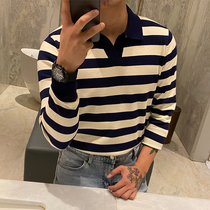 South Korea autumn and winter mens lapel striped knitwear youth popular slim color and comfortable skin-friendly sweater polo shirt