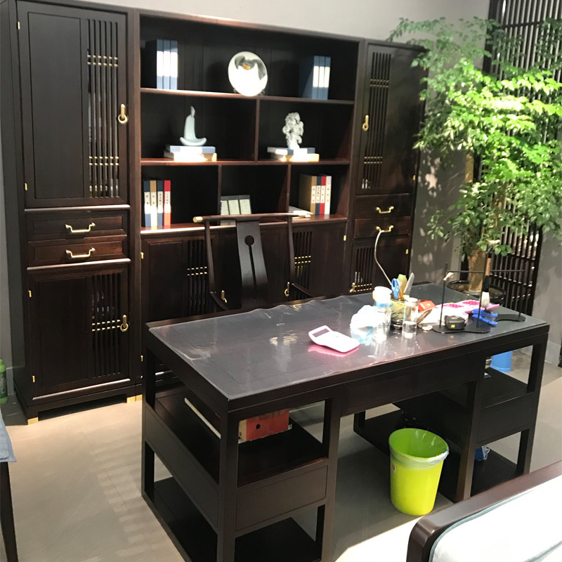 New Chinese desk solid wood bookcase home office computer desk ebony calligraphy desk log design desk Zen