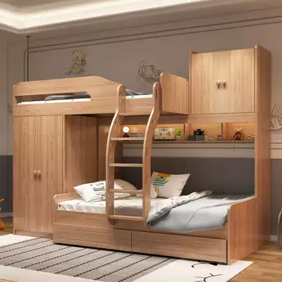 Nordic solid wood high and low bed with wardrobe Light luxury cross parallel dislocation wardrobe combination double bunk small apartment