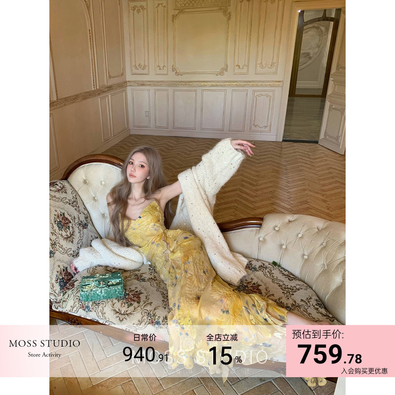 Moss Studio【Calendula Story】Silk Velvet Gold Thread Burnt-Out Floral Yellow Dress Moss Studio【Calendula Story】Silk Velvet Gold Thread Burnt-Out Floral Yellow Dress