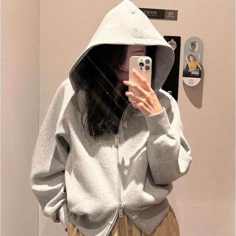 秋服グレーの小さなダブルジッパーセータージャケットレディース2025初秋新作ゆったりフード付きトップス