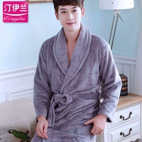 Áo ngủ nam Yukata dày flannel mùa thu và mùa đông áo choàng tắm san hô lông cừu dài tay áo rắn màu xám đồ ngủ dịch vụ nhà áo ngủ thu đông Hàn Quốc