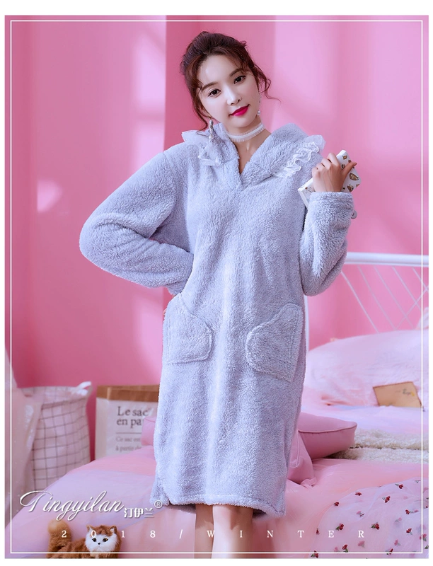 Váy ngủ ren mùa thu và mùa đông đồ ngủ dài tay nữ dễ thương công chúa sinh viên ngọt ngào dày flannel san hô lông cừu