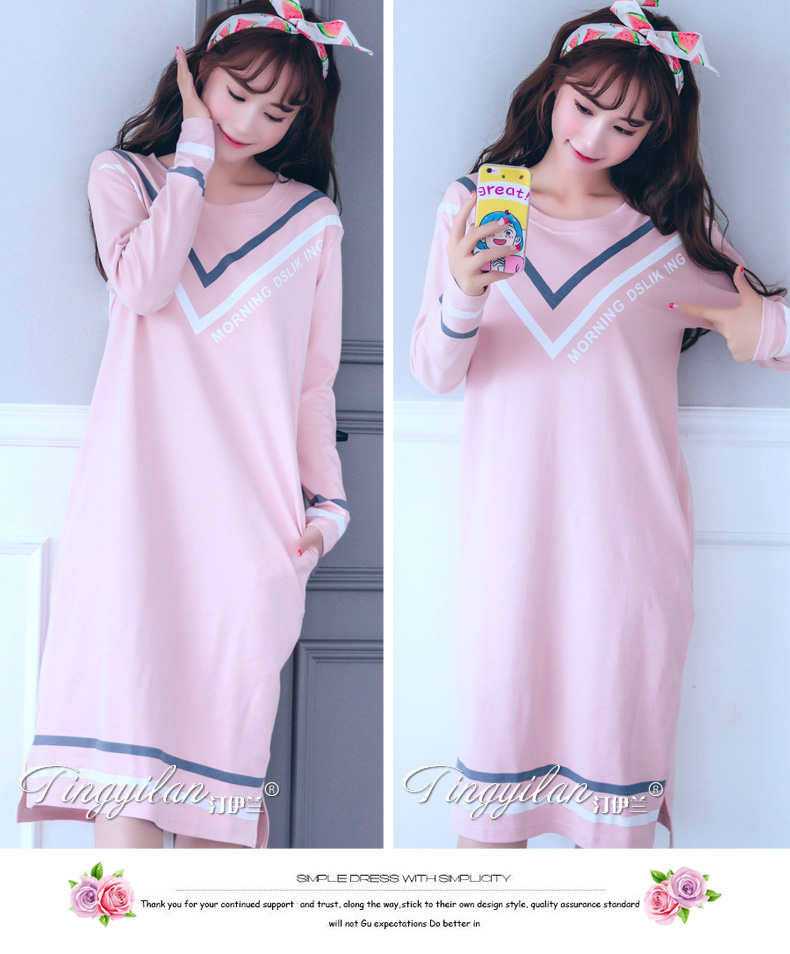 Váy ngủ cotton nữ V-line dài tay mùa xuân và đồ ngủ mùa thu phục vụ tại nhà cotton mùa xuân thu đông dễ thương cổ tròn váy ngủ đẹp