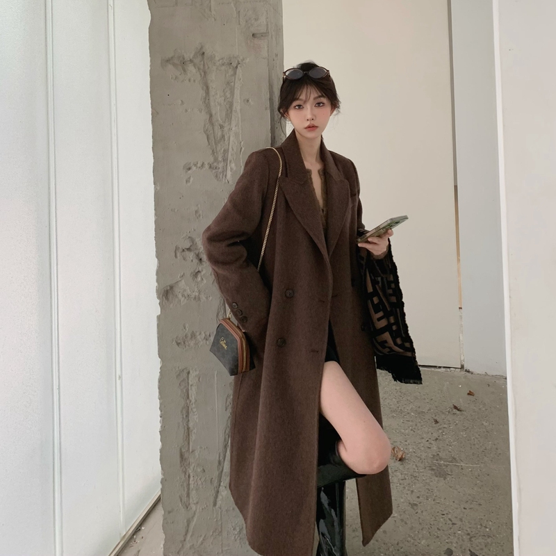 Melard Brown Wool Coat for Women, Double-Sided Fabric, High-End Feel, Mid-Length Blazer, Regular Shoulder, Autumn and Winter, Petite Size