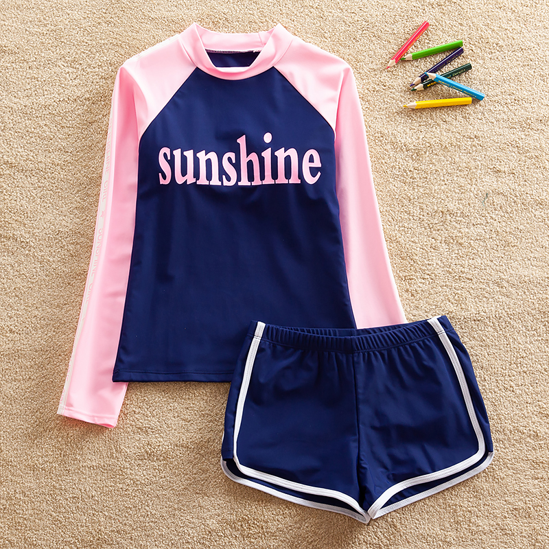 Girls Two-style swimwear Long sleeves CUHK Tong Swimming Clothing 10 Students Four-corner pants 12 Children swimsuit 13 Girls 15 years old