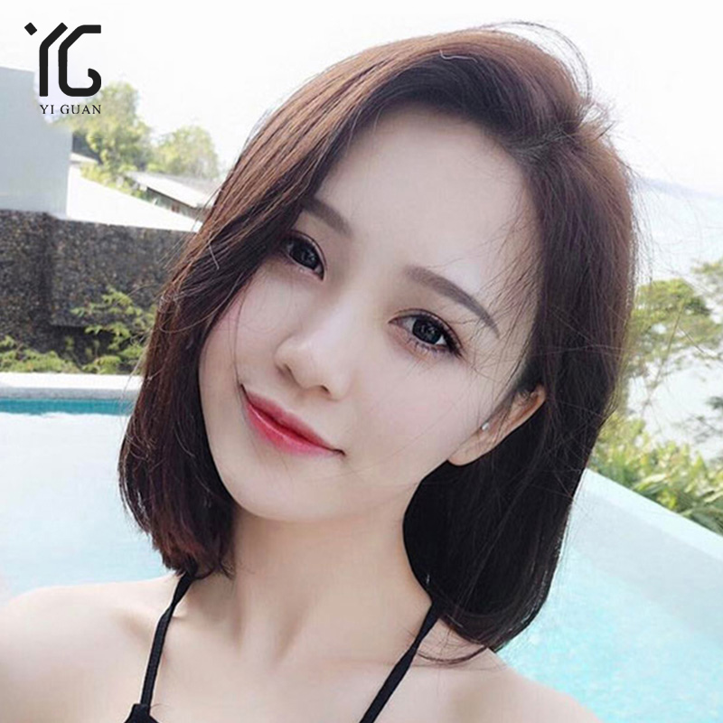 Wig female short hair lace bob head real hair natural round face short straight hair partial bangs net red full headgear