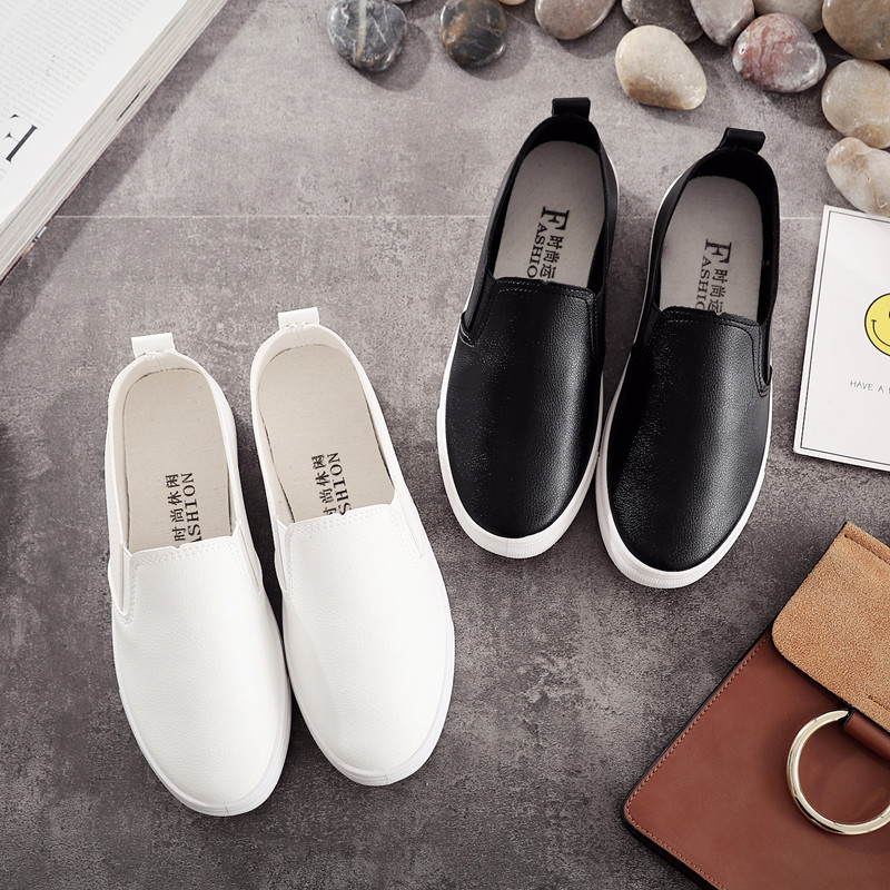Spring and Autumn Slip-On Leather White Shoes for Women, Flat Canvas Shoes, Loafers, Lazy Casual Korean Style Versatile Nurse Shoes