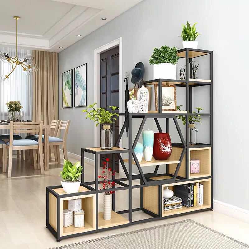 Living Room Iron Art Partition Dining Room Screen Modern Minimalist Display Cabinet Solid Wood Separator Trapezoidal Shelf Loft Bookshelf