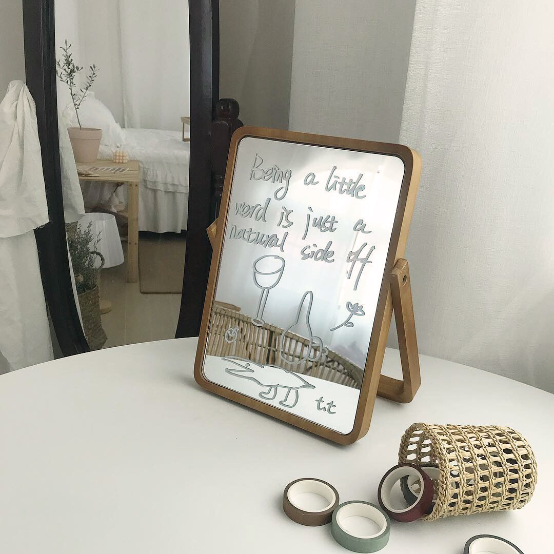 TJJ -- ins Nordic wind minimalist solid wood mirror DIY graffiti desktop makeup mirror folding desktop make-up mirror