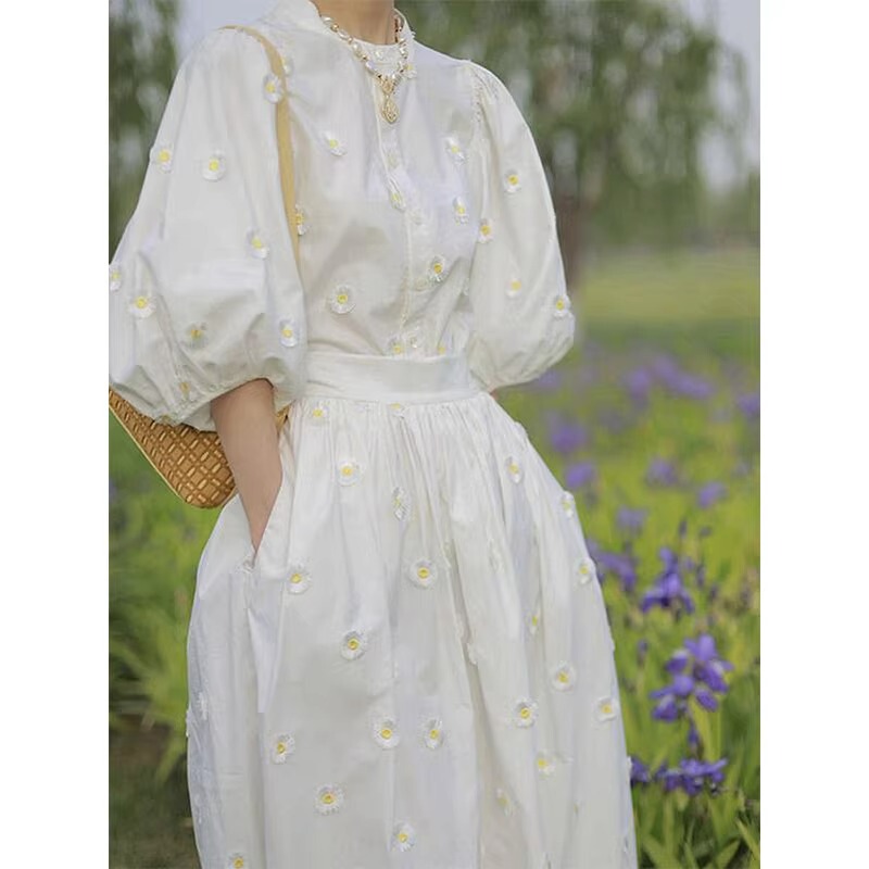 French-Style Rixo Franch Exquisite Platycodon Tea Break Round-Neck White Embroidered Waist-Cinching Dress Women's Mid-Length Dress