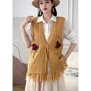 Clearance counters have withdrawn big-name foreign trade women's ethnic style embroidered tassel retro v-neck vest sleeveless