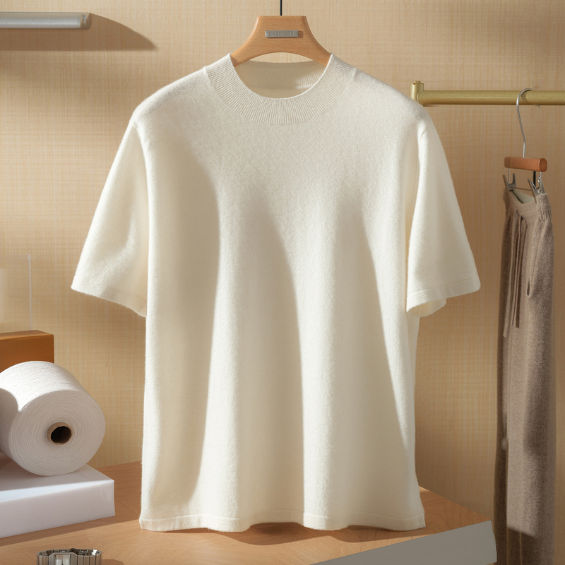 Spring and Autumn 100% Pure Cashmere Sweater for Men, Half-Sleeve, Half-High Collar, Knitted White Short-Sleeve Sweater, T-Shirt, Base Layer Shirt