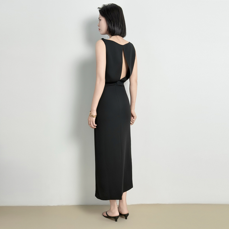 French Hepburn Style Black Imported Triacetate Hollow-Out Design Off-Shoulder Slit Slimming Elegant Long Dress