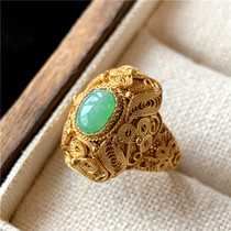 Rattan filigree inlaid natural turquoise turquoise emerald S925 silver live mouth female ring handmade vintage